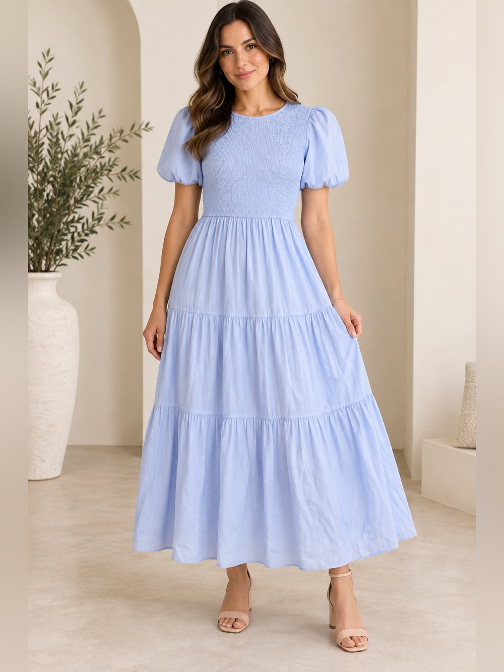 Smocked Bodice Puff Sleeve Maxi Dress in Light Blue